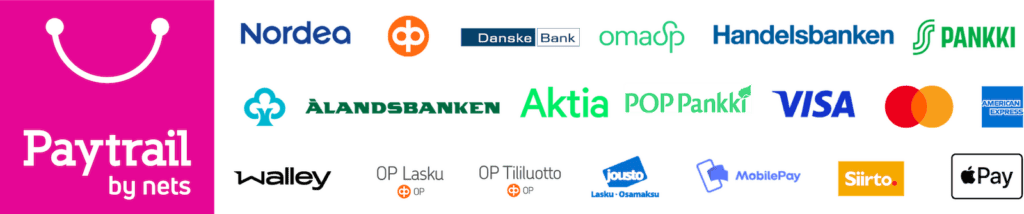 Paytrailin tarjoamat maksutavat: verkkopankit, korttimaksut, osamaksut ja mobiilimaksut.